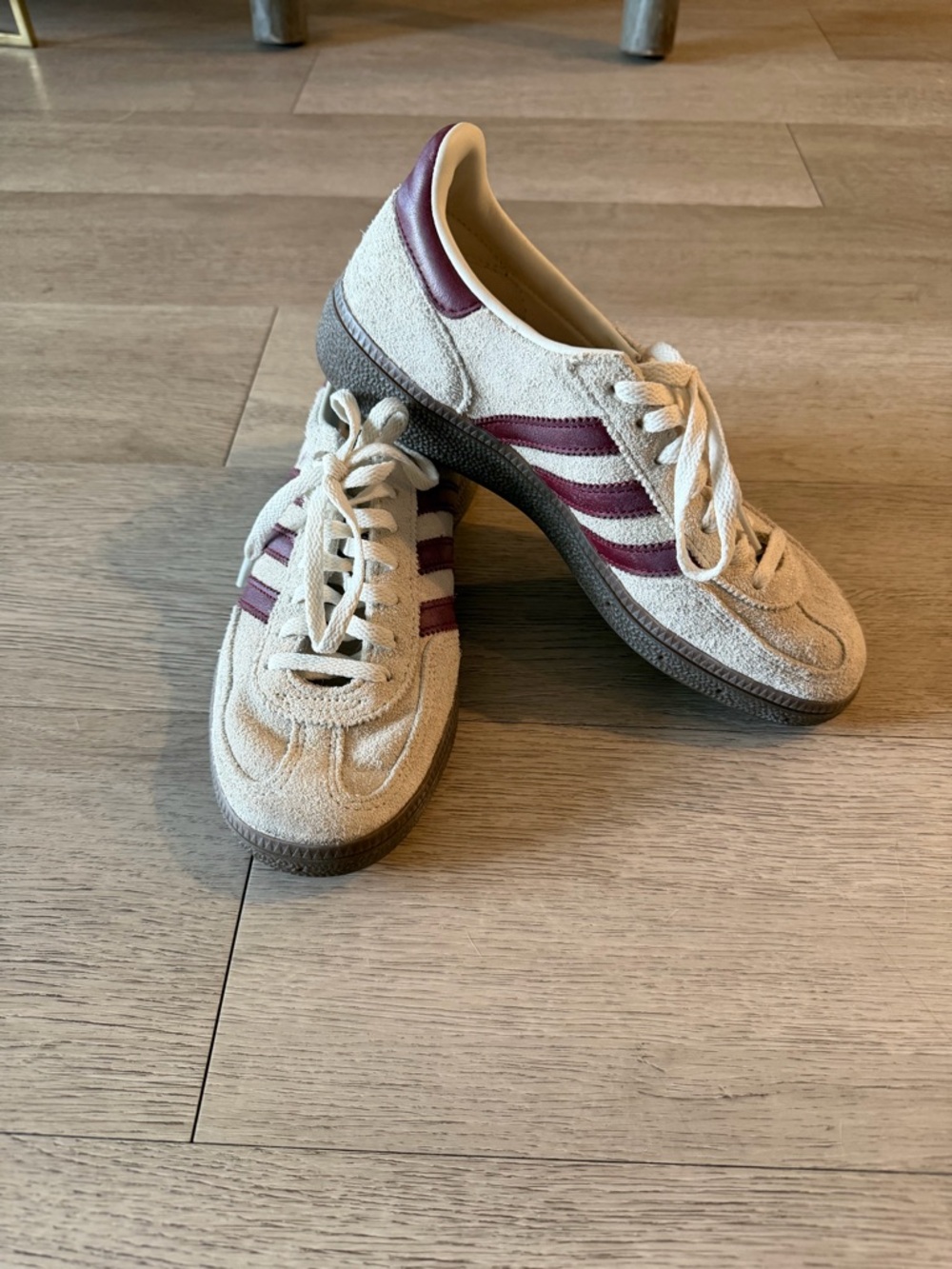 adidas Cream Suede Sneakers with Burgundy Stripes